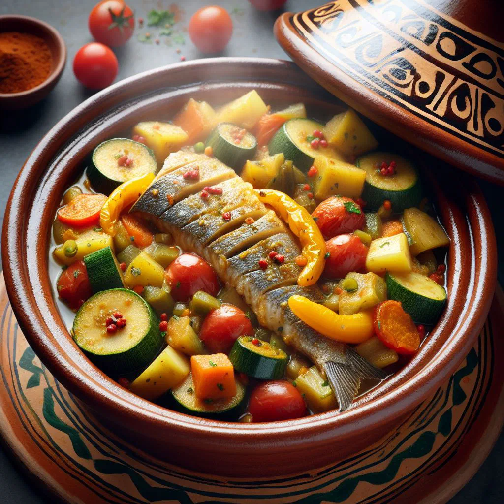 Algerian fish tajine with peppers, tomatoes and lemon in an earthenware pot