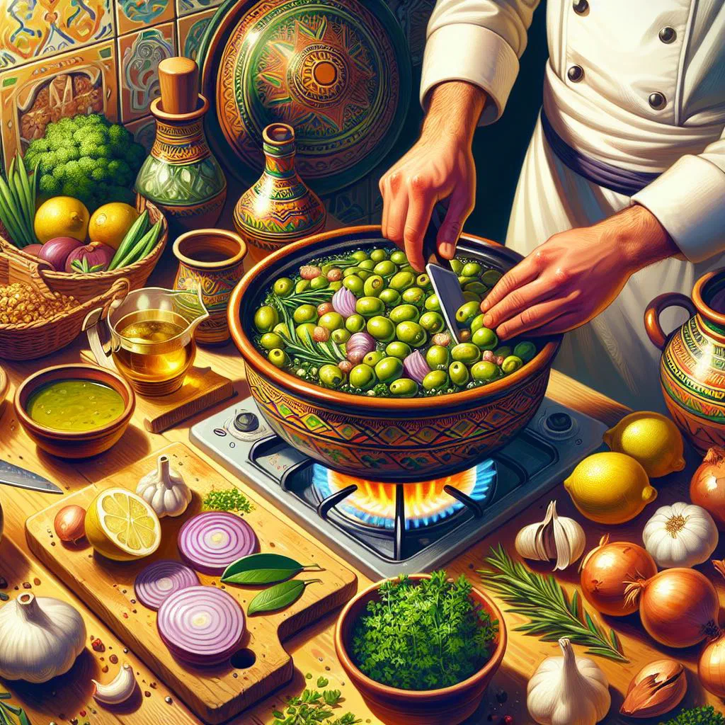 Algerian tajine zitoune with chicken and green olives in a clay tajine