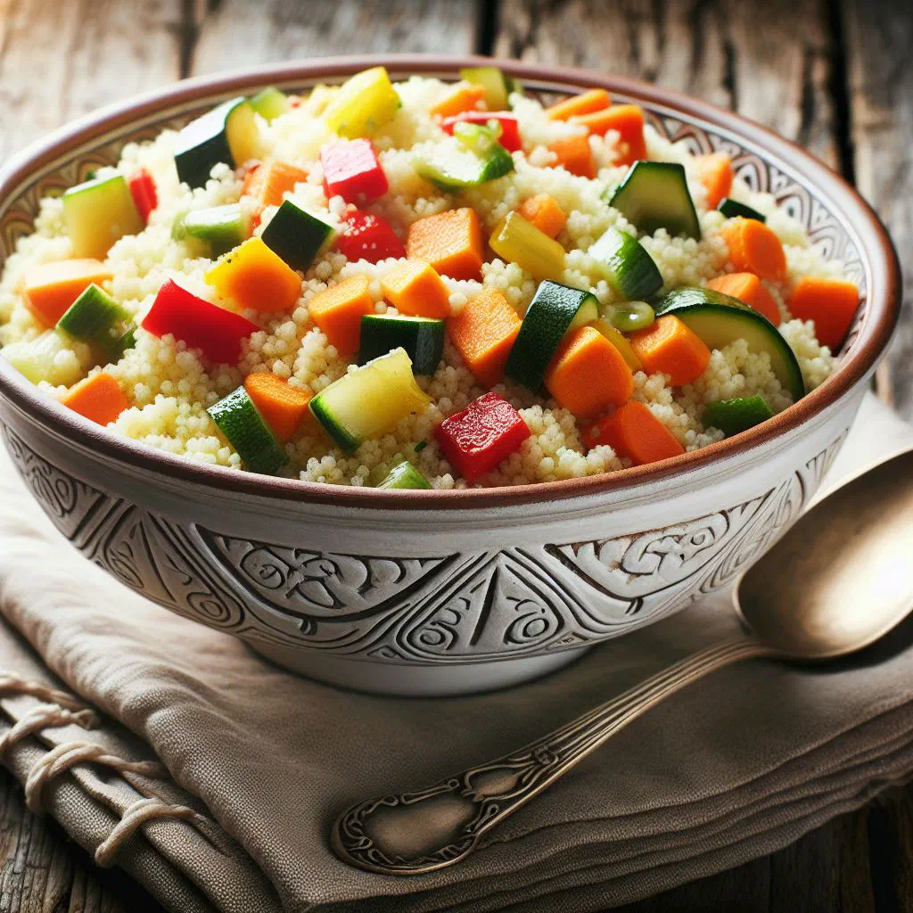 A bowl of fluffy vegetable couscous with carrots, courgette and peppers in a spiced broth