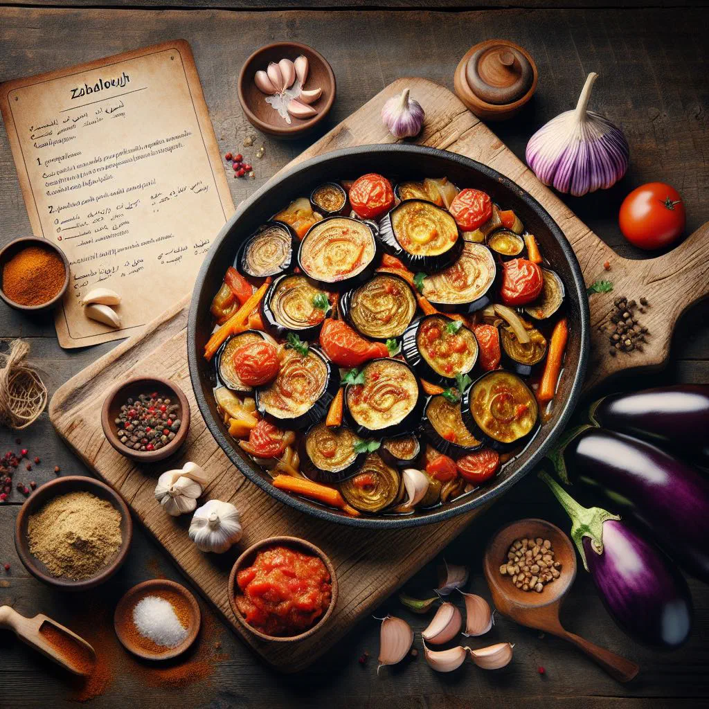 Bowl of Algerian zaalouk aubergine salad garnished with fresh coriander