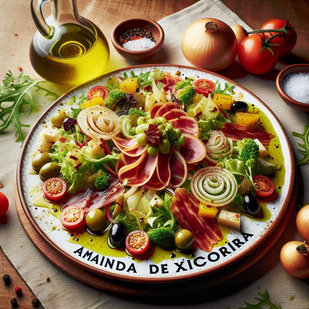Fresh endive salad with tomatoes and onion rings dressed in olive oil