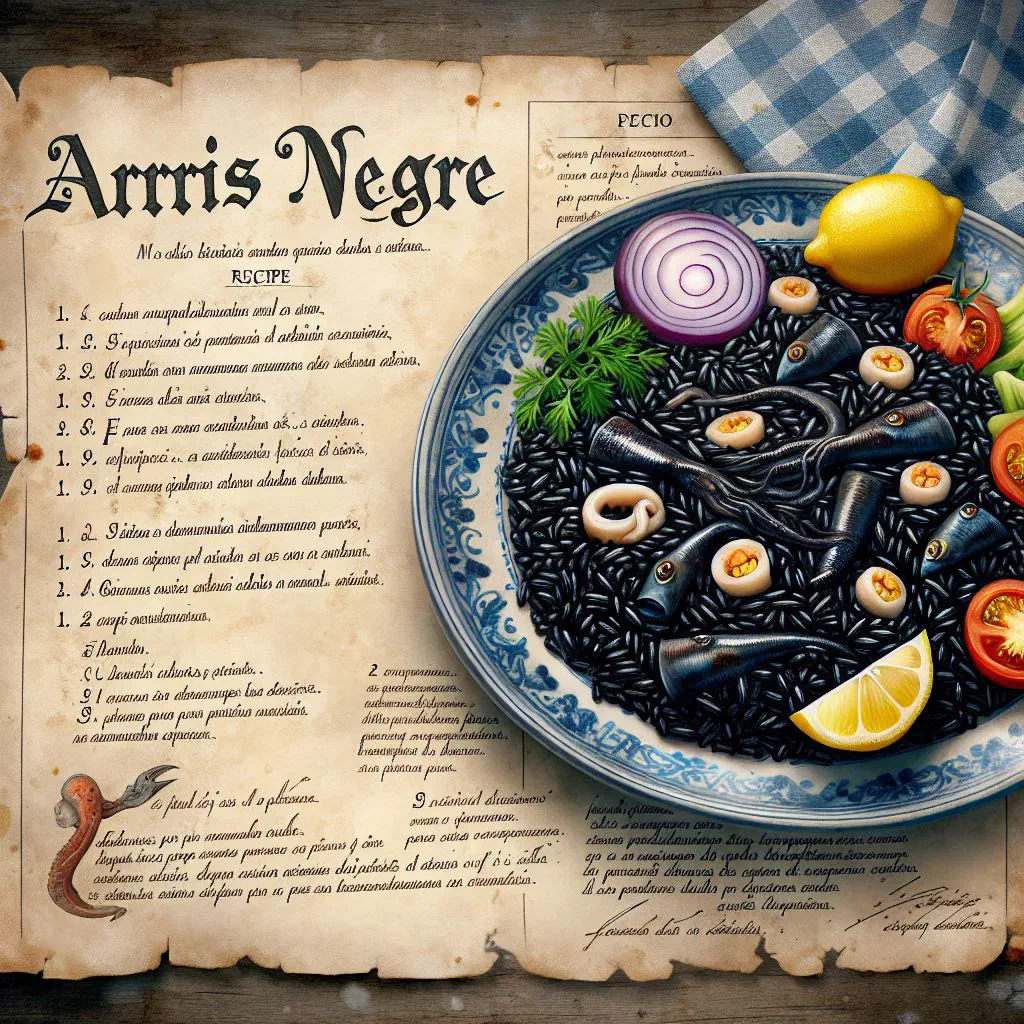 Jet-black arròs negre with squid rings and seafood, garnished with parsley