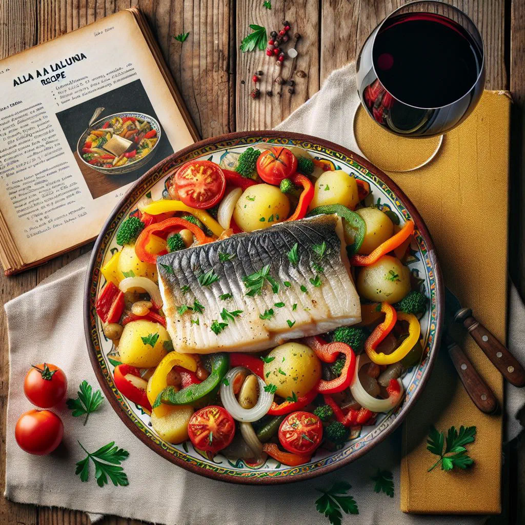 Baked salt cod in a tin with tomato, pepper and paprika sauce