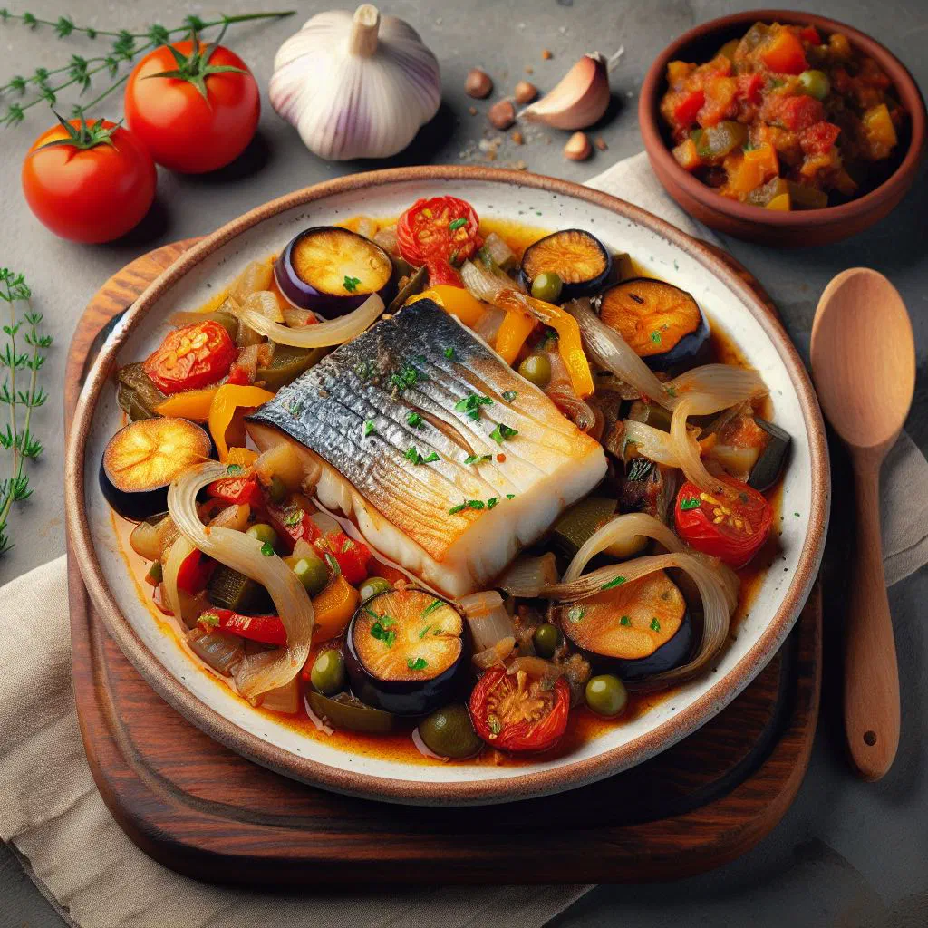 Salt cod fillet served over a stew of peppers, tomatoes and onions