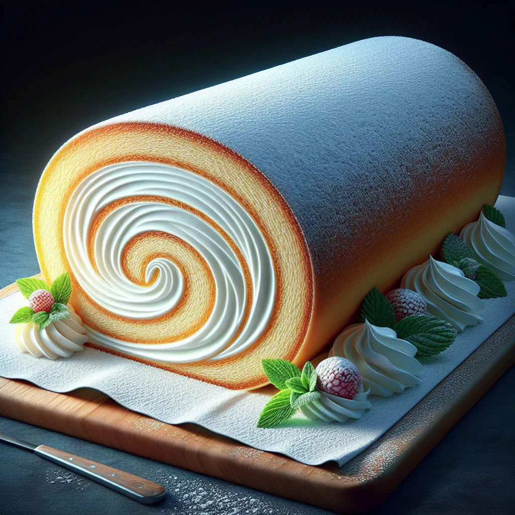 Sliced Braç de Gitano sponge roll dusted with icing sugar