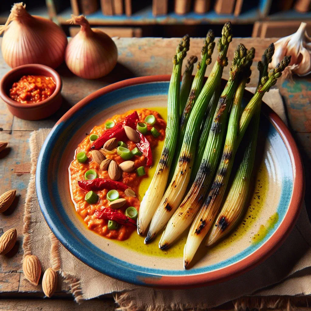 Grilled calçots served with a bowl of romesco sauce