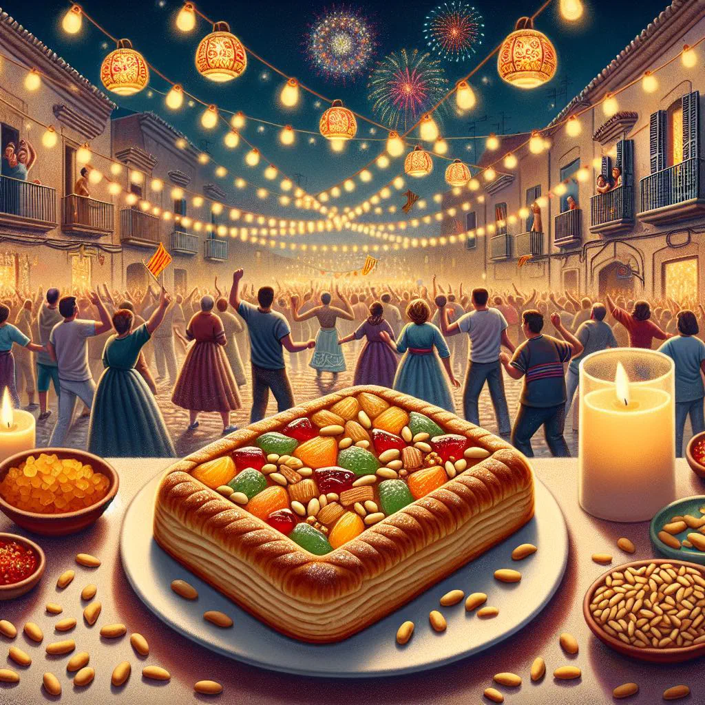 Coca de Sant Joan topped with colourful candied fruit and almonds