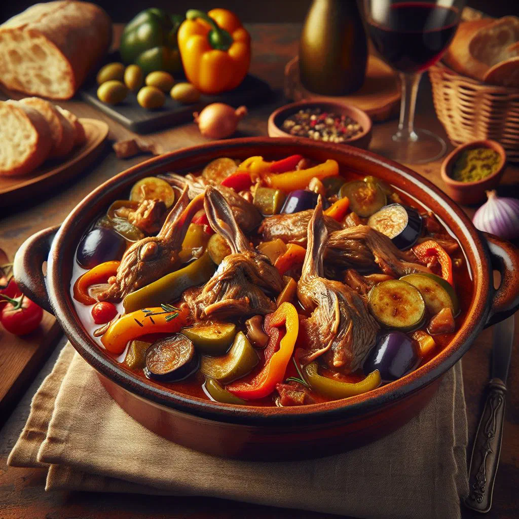 Braised rabbit with samfaina vegetables in a rustic bowl