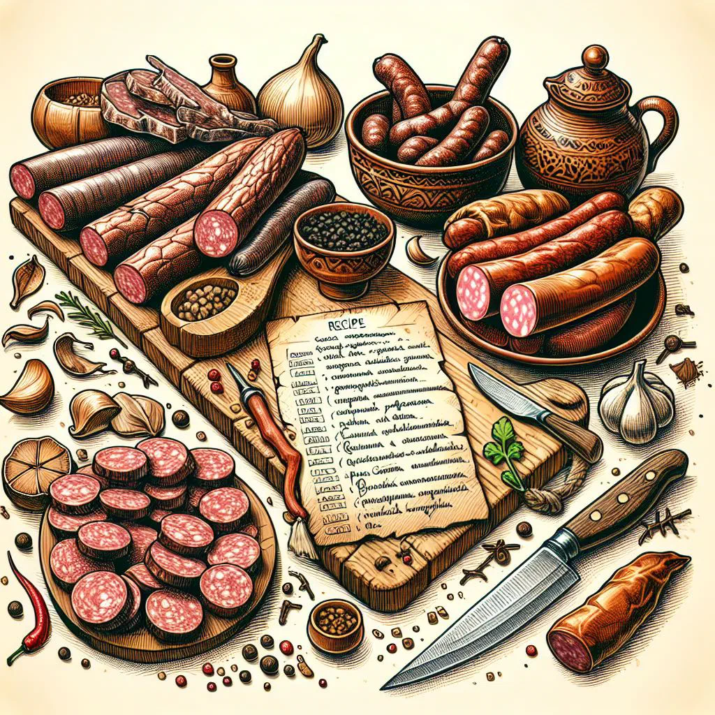 Sliced Andorran embotits cured pork sausages on a wooden board