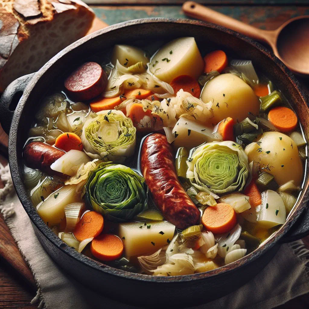 A rustic bowl of Andorran escudella stew with meat, beans and vegetables