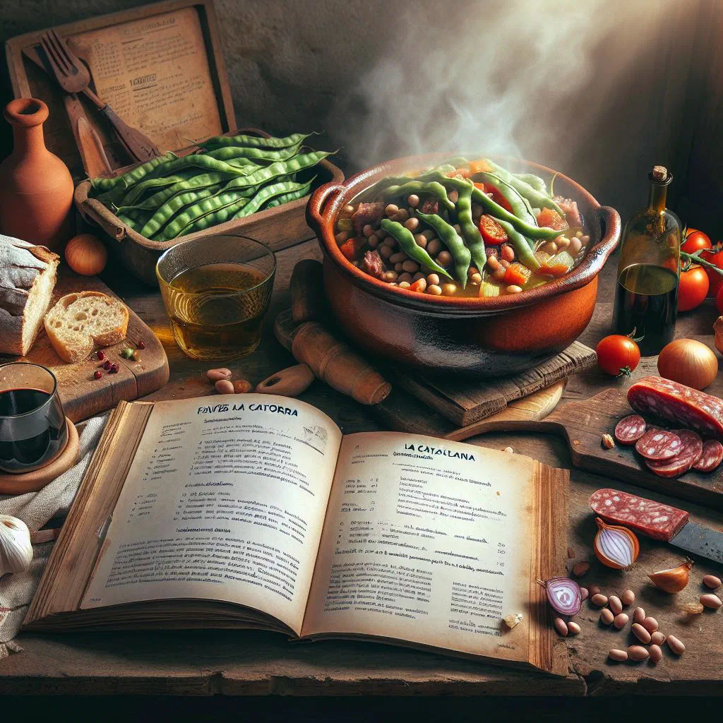 Faves a la Catalana broad bean stew with Catalan sausage in a rustic bowl