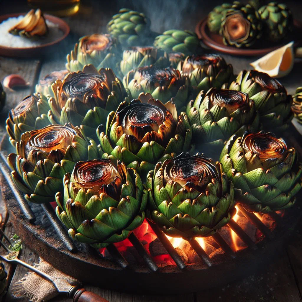 Grilled artichokes drizzled with olive oil and scattered with fresh herbs