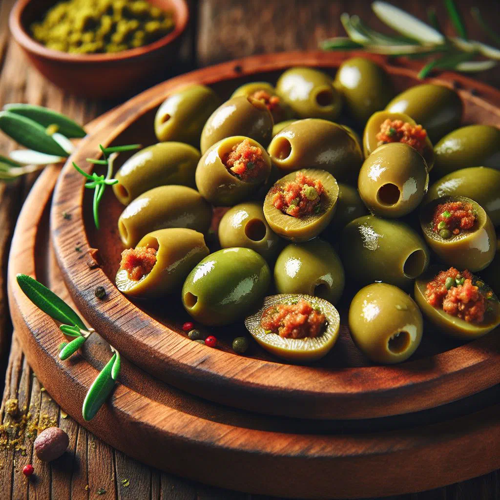 Green olives stuffed with a herb cream cheese filling on a serving board