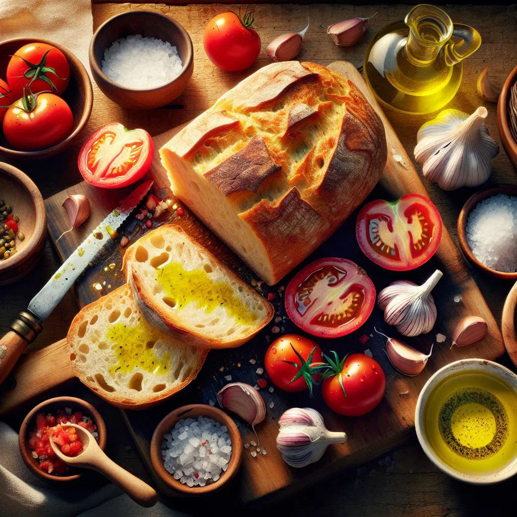 Slices of rustic bread rubbed with ripe tomato and drizzled with olive oil