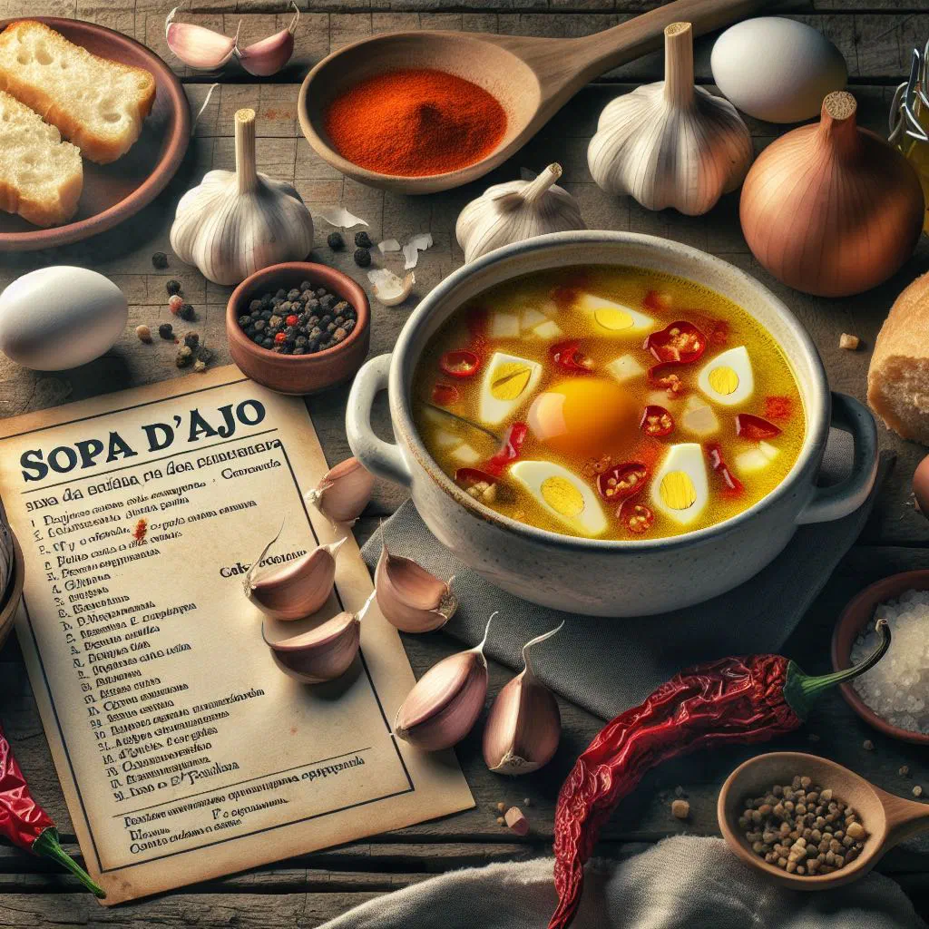Bowl of Andorran garlic soup topped with bread and a poached egg