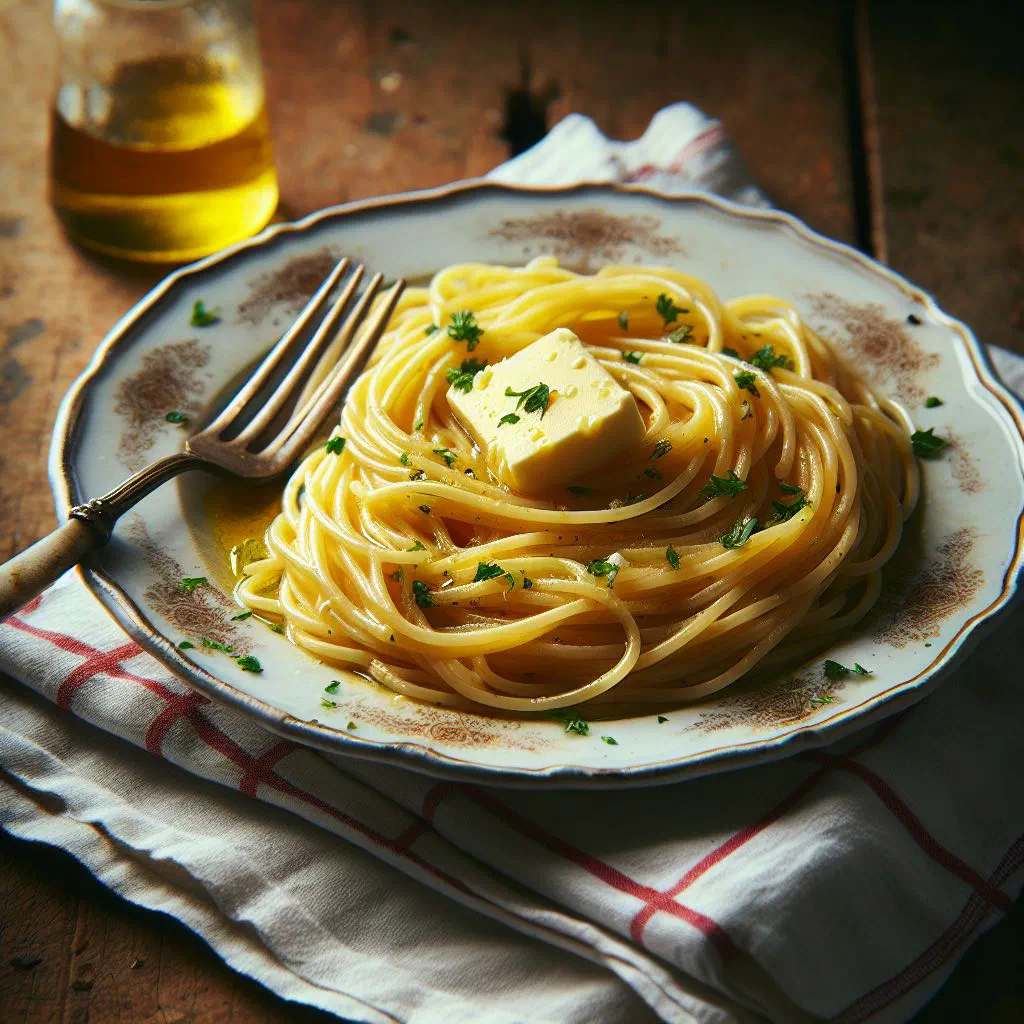 A plate of buttered spaghetti topped with grated Parmesan and black pepper