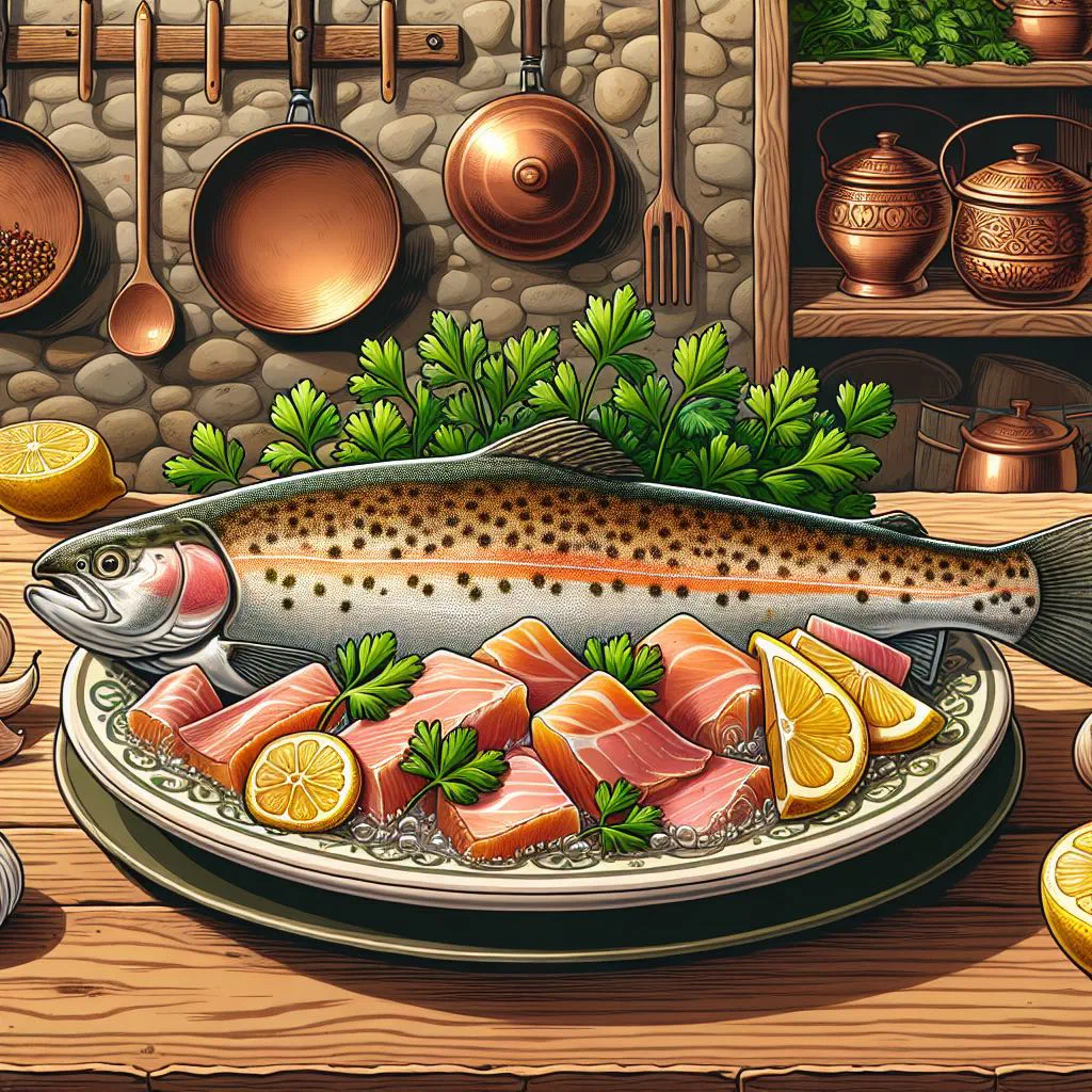 Baked trout topped with garlic and almonds, garnished with parsley and lemon