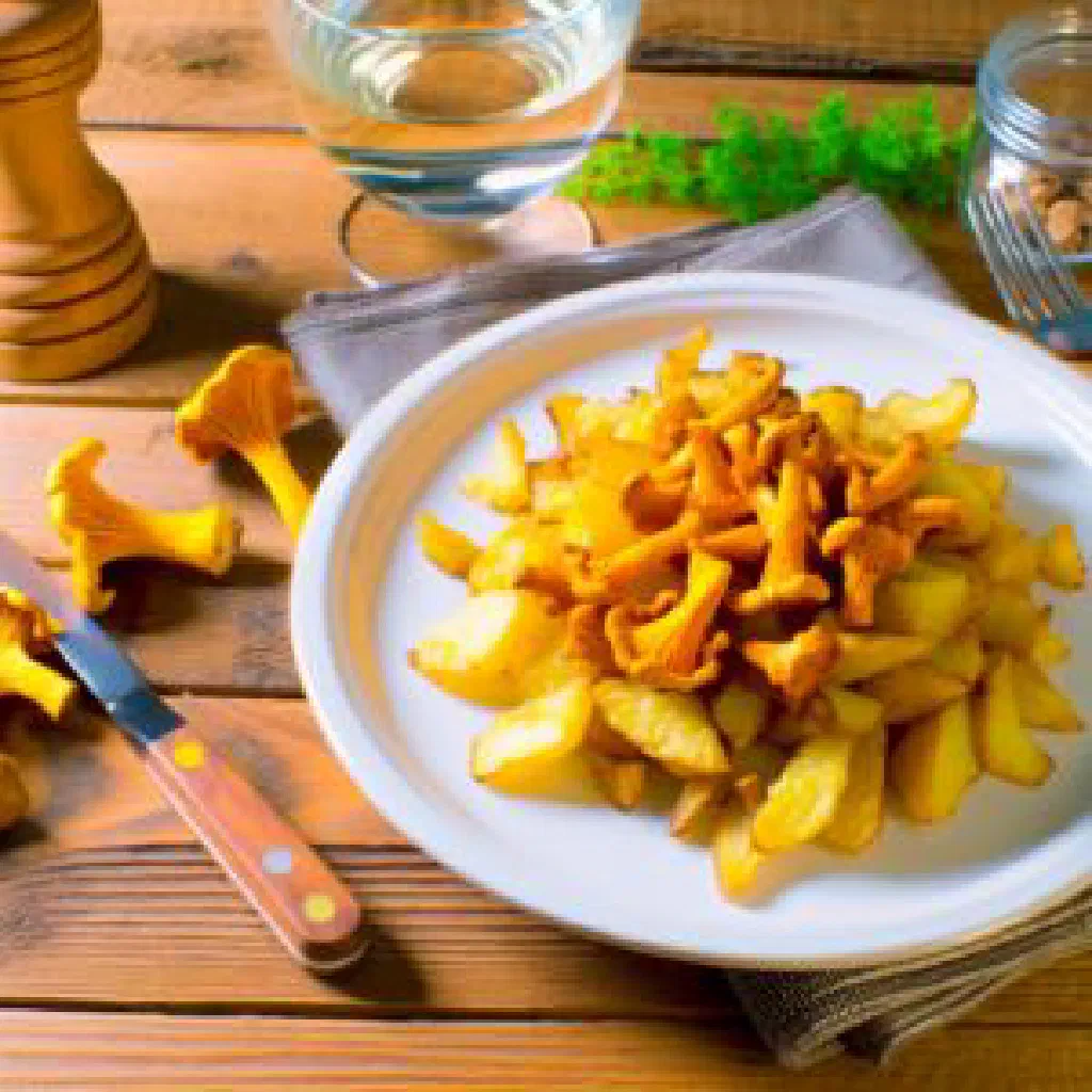 Golden potato omelette with chanterelles, sliced and served on a plate