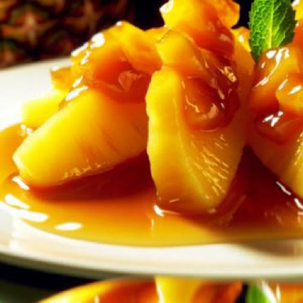 Golden caramelised pineapple slices dusted with cinnamon on a plate