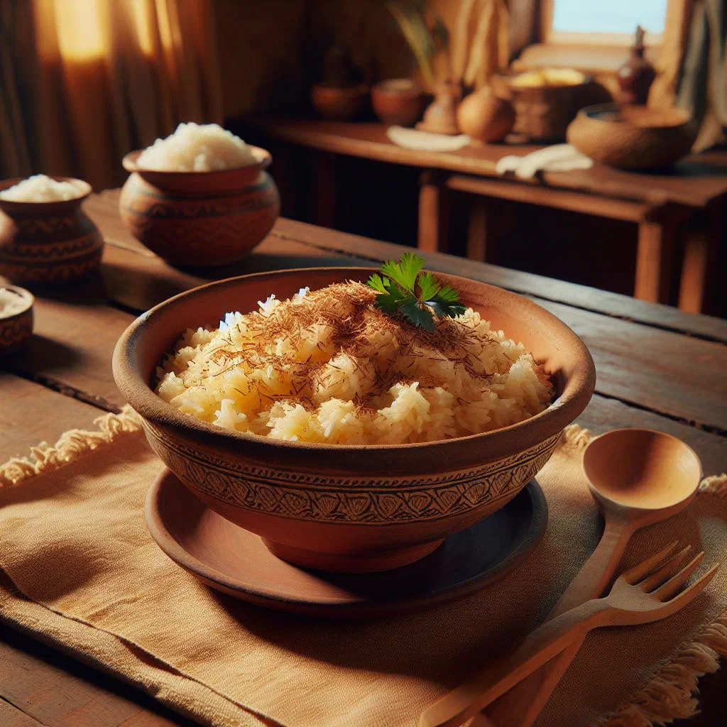Creamy Angolan coconut rice garnished with fresh coconut shavings
