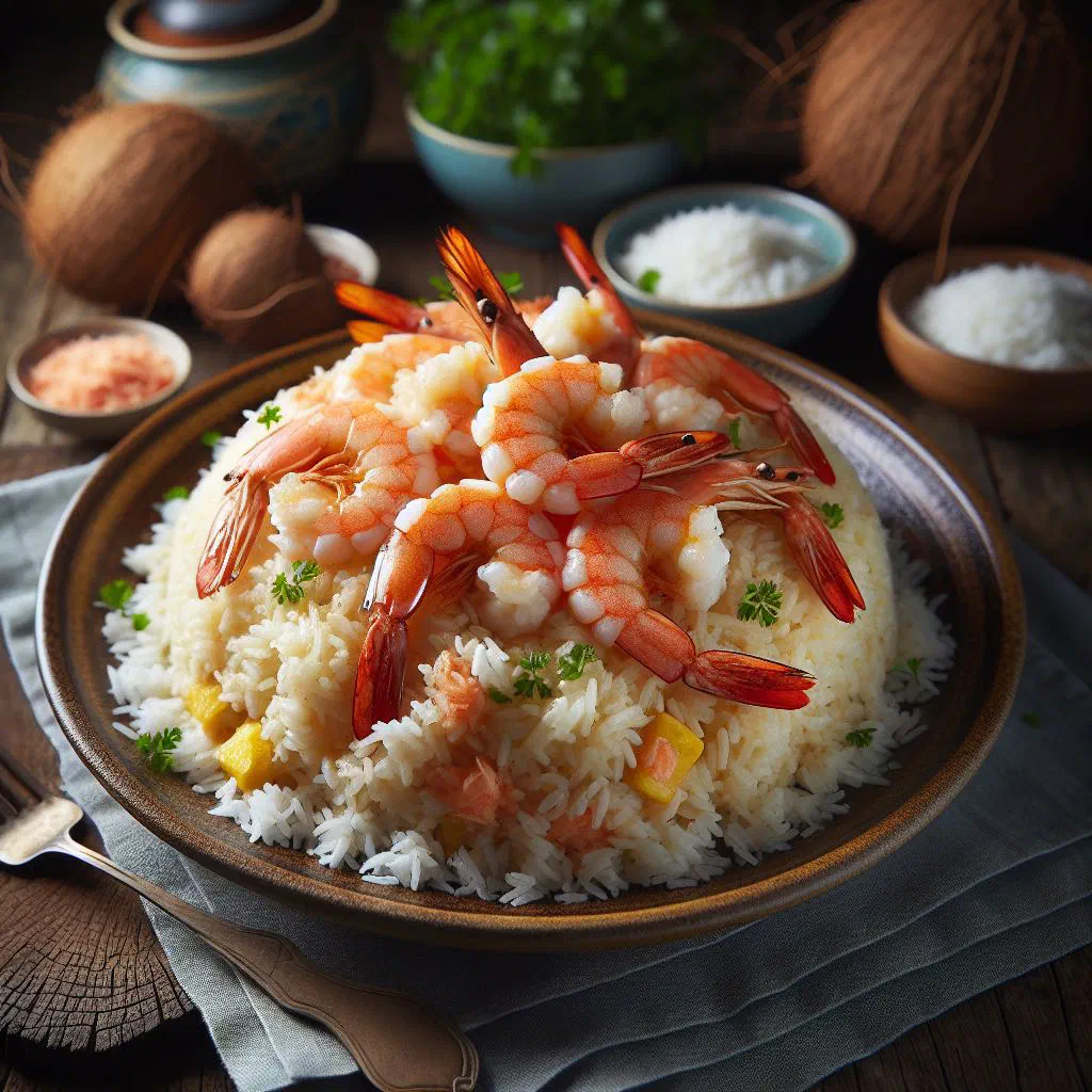 Coconut rice with prawns, red pepper and fresh coriander in a bowl