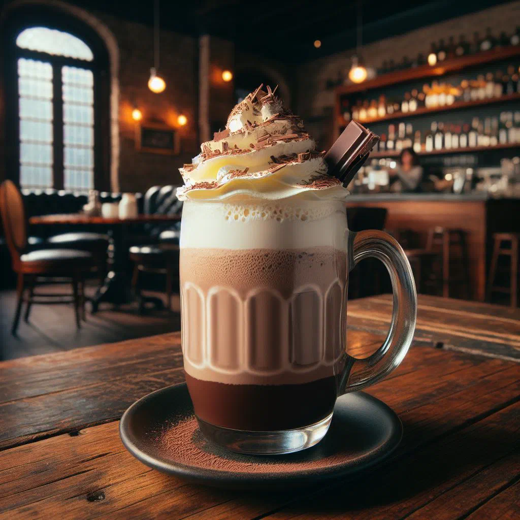 Creamy Angolan Bebida de Bombó served chilled in a tall glass with cinnamon