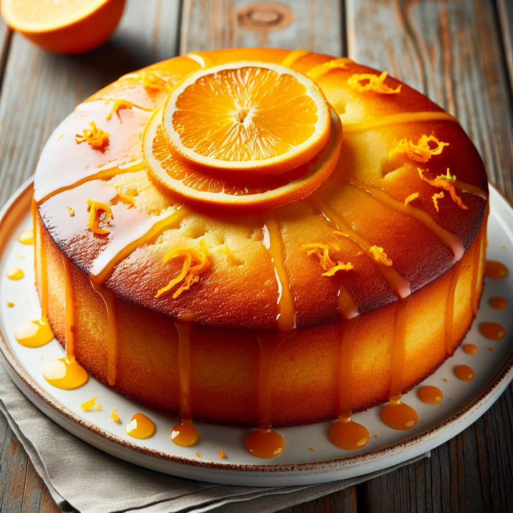 Golden Angolan orange cake dusted with icing sugar and garnished with orange slices