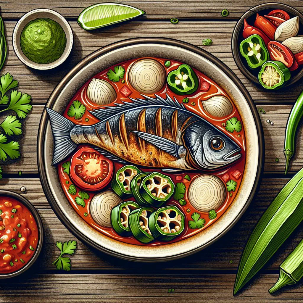 Bowl of Angolan fish soup with vegetables and fresh parsley