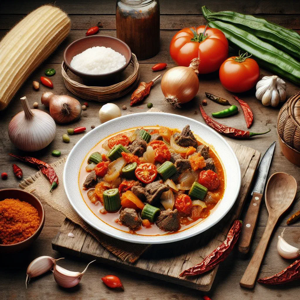 Angolan calulu de carne stew with tender meat, peppers and vegetables in a bowl