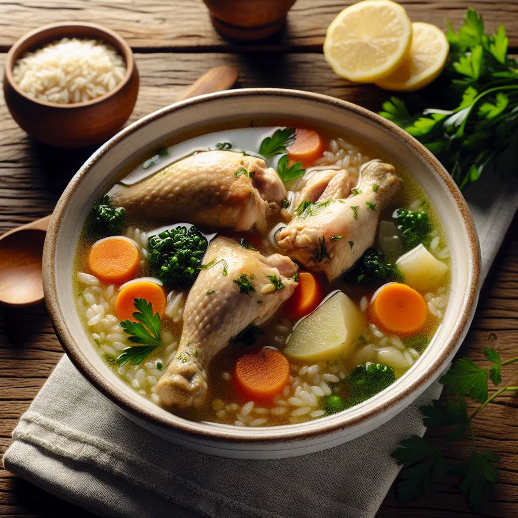 Bowl of Angolan chicken and rice soup garnished with fresh parsley