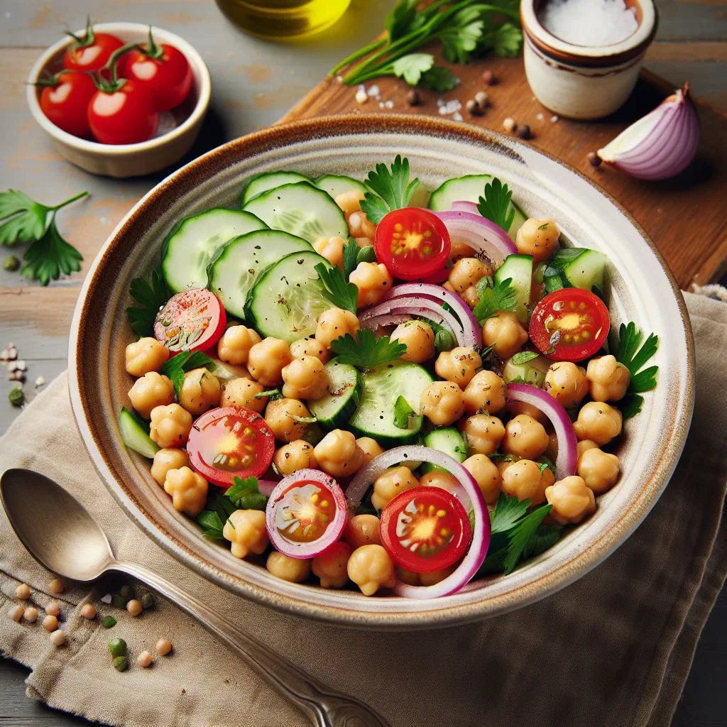 Colourful Angolan chickpea salad with diced peppers, cucumber and parsley
