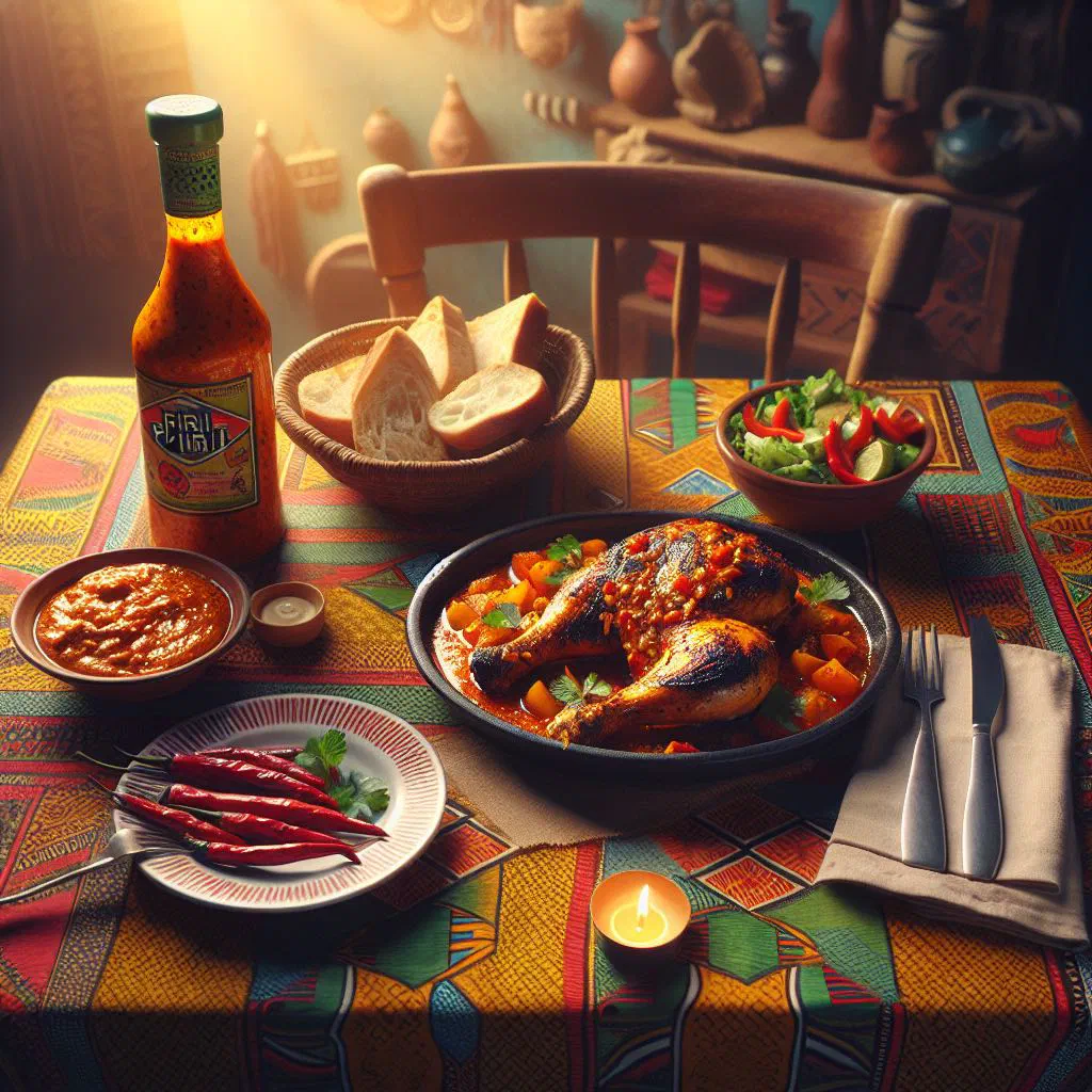 Grilled piri-piri chicken with fiery red sauce, lemon wedges and fresh coriander