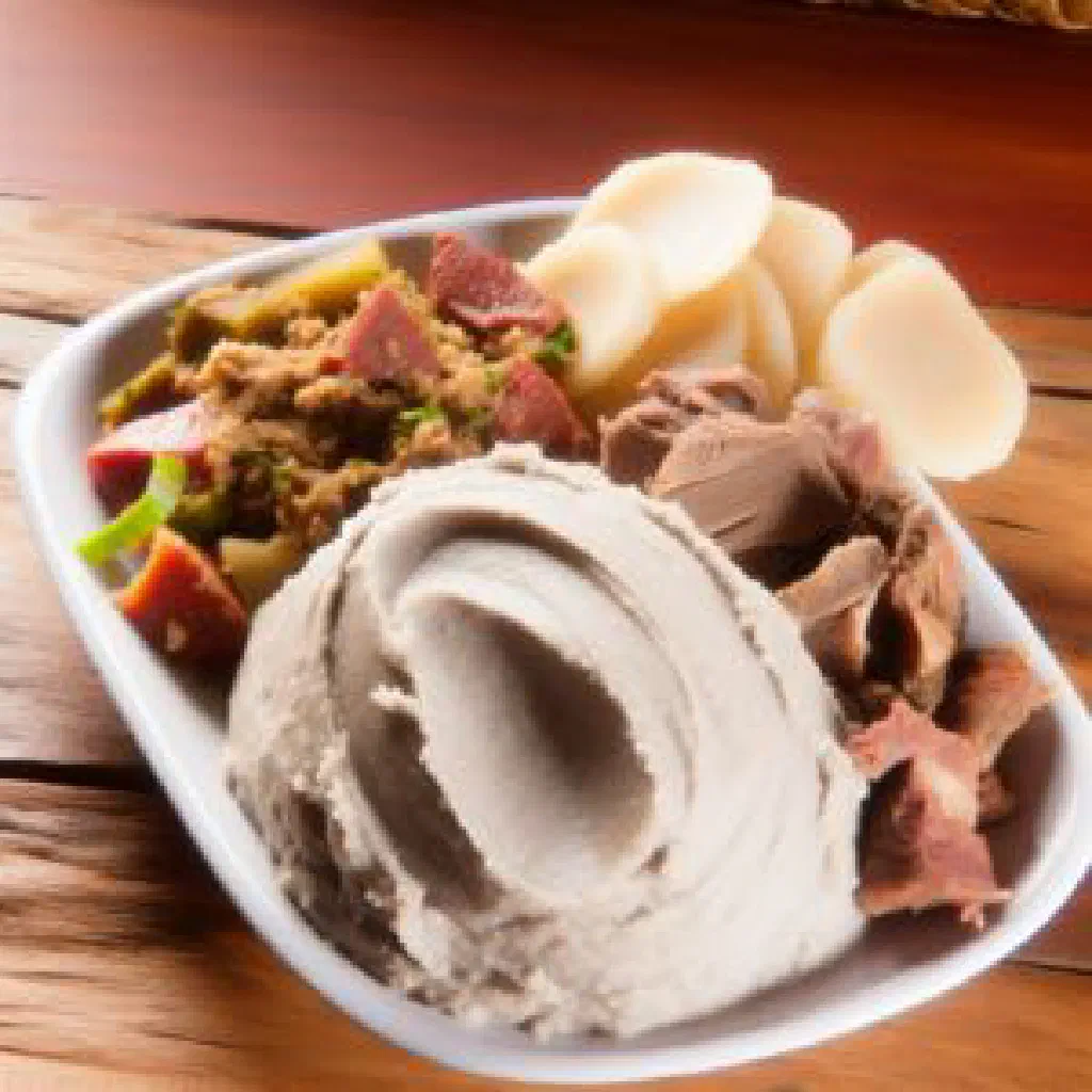Smooth white funge de bombó served in a bowl beside a saucy stew