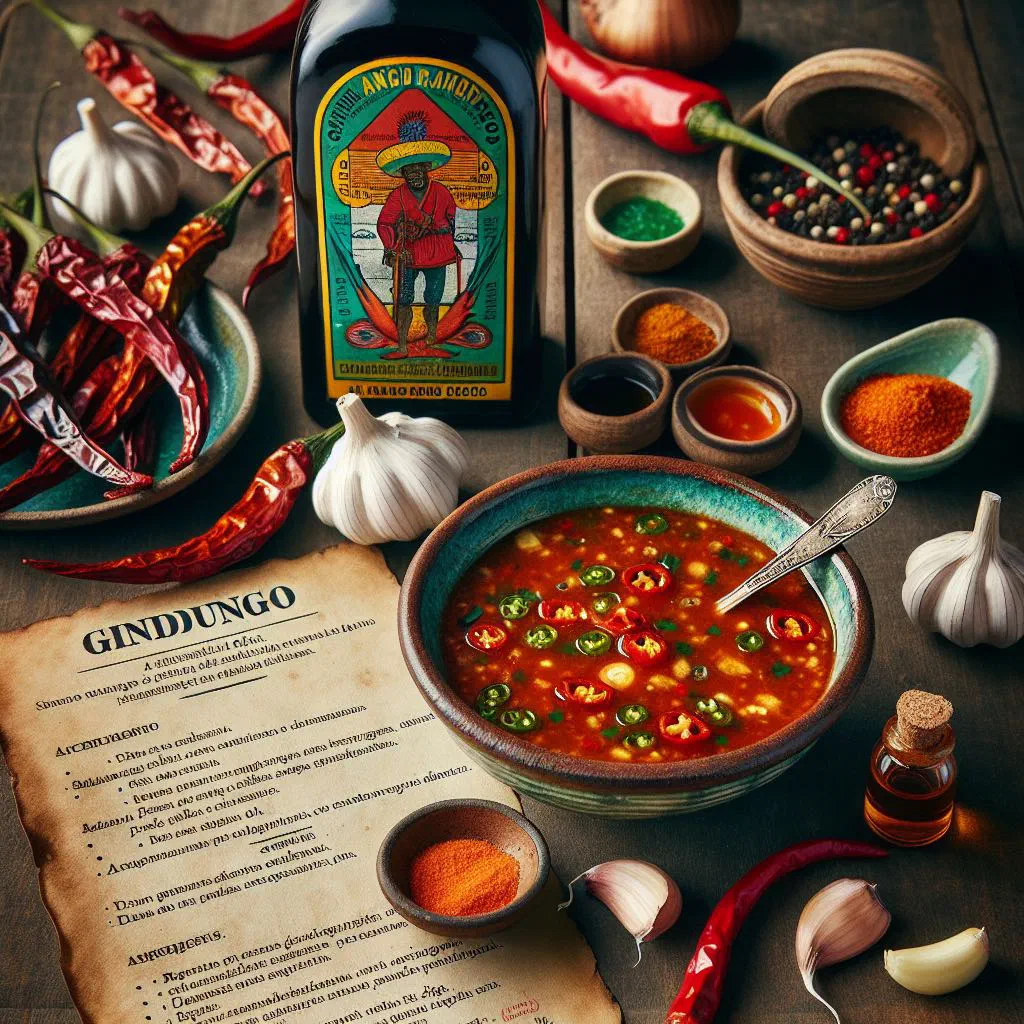 Small bowl of fiery red Angolan gindungo chilli sauce with fresh chillies and garlic