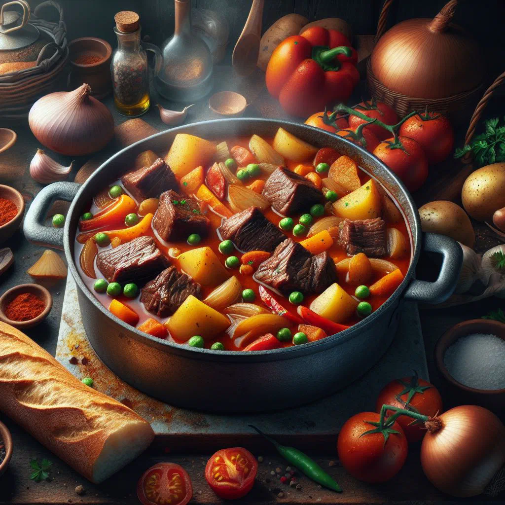 Angolan beef stew with carrots, peppers and tomatoes in a bowl