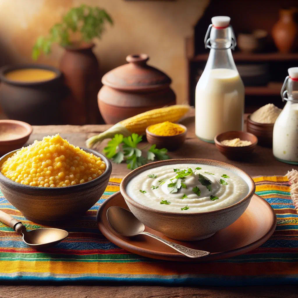 Bowl of creamy maize porridge served with tangy fermented milk