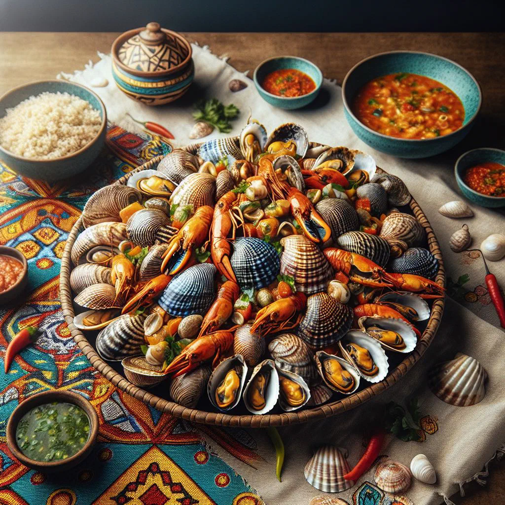 Angolan seafood stew with prawns, mussels and squid in a fiery gindungo sauce