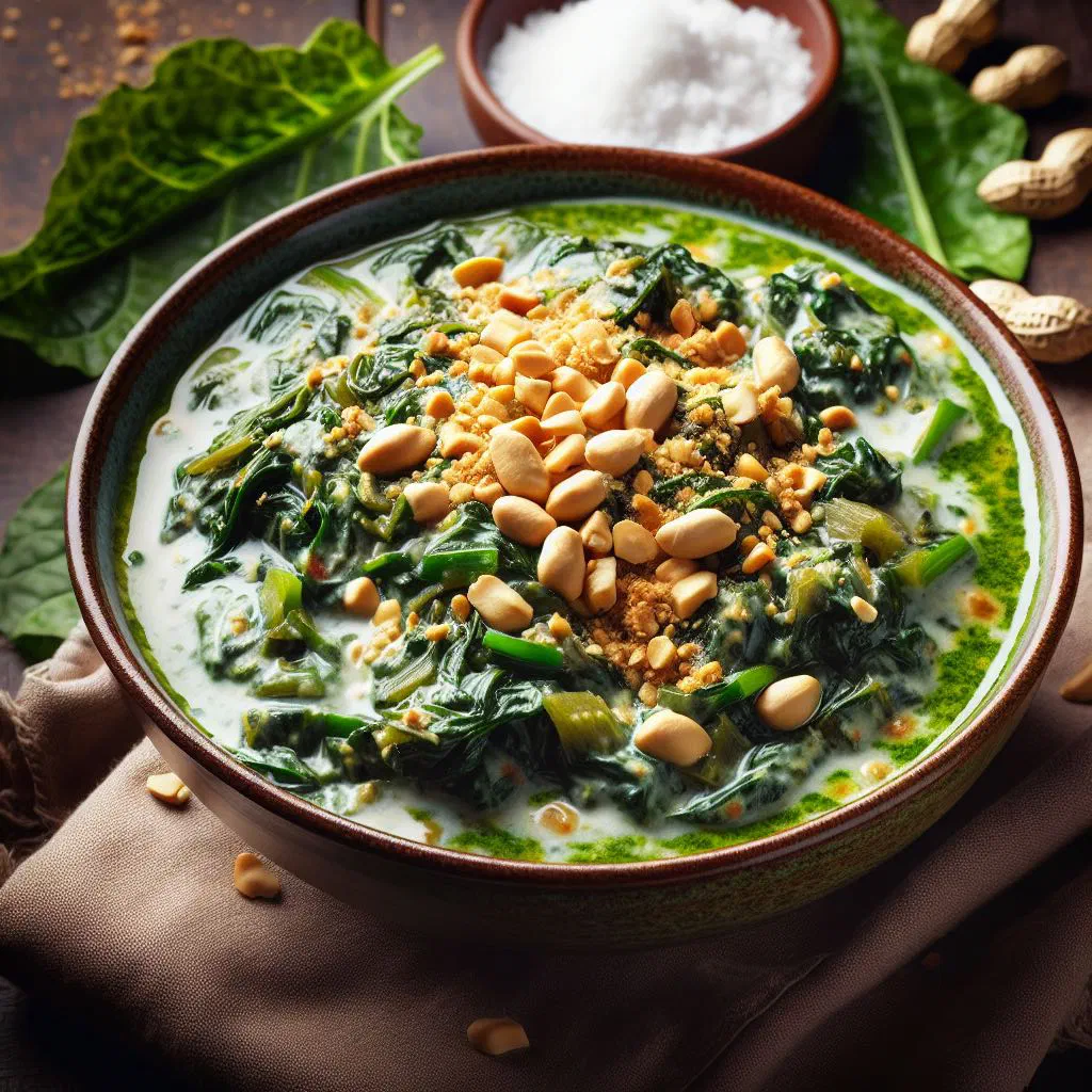 Matapa stew of cassava leaves in coconut and peanut sauce served in a bowl