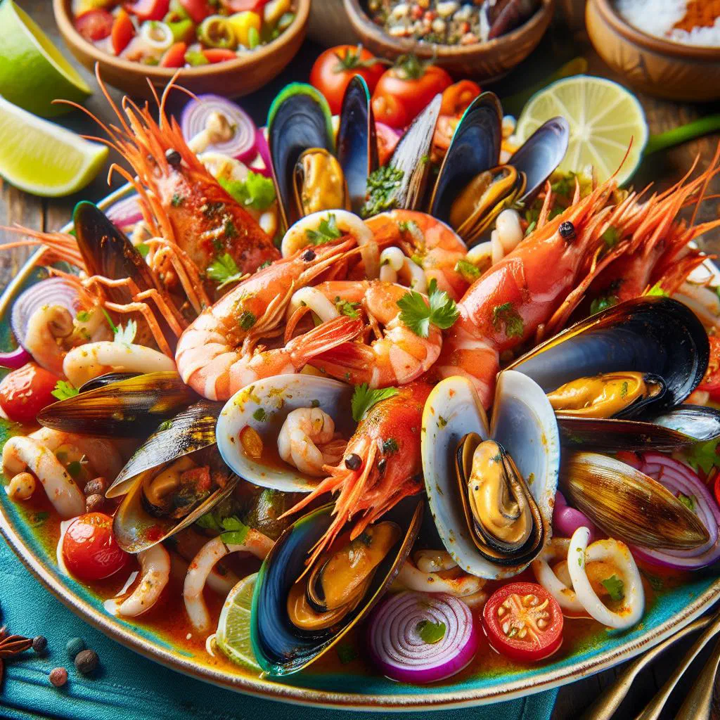 Bowl of Angolan seafood stew in a spiced peanut sauce with fresh coriander