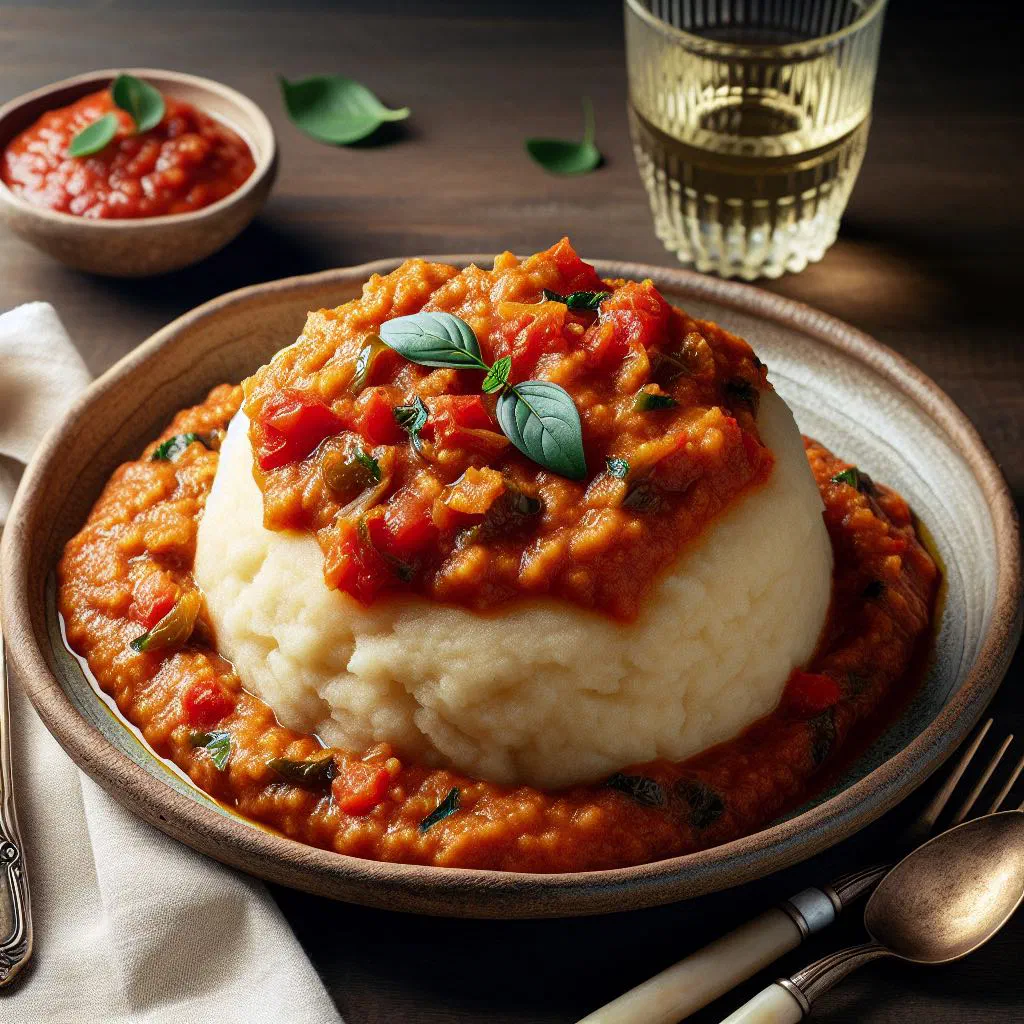 Creamy funge served with a rich tomato sauce on a plate