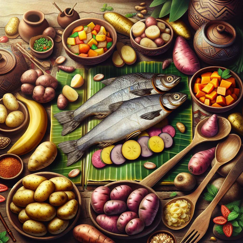 Grilled fish served with palm oil vegetables and cassava sides