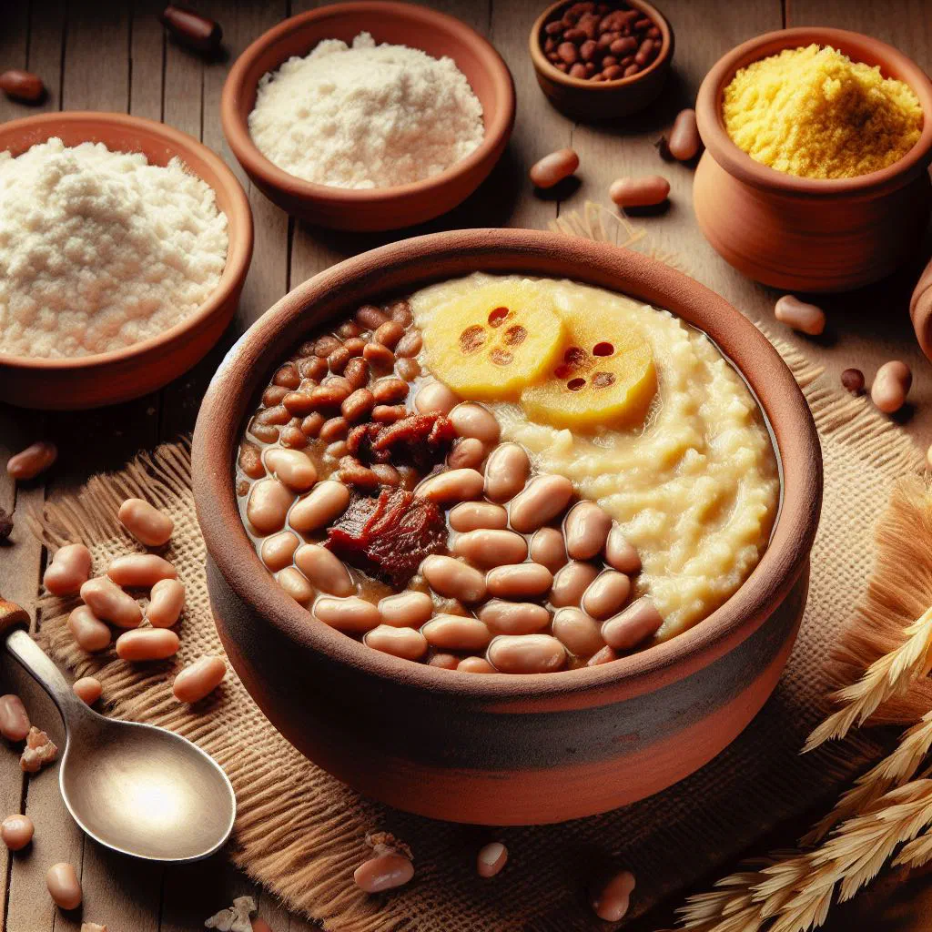 Creamy bean and cornmeal pirão in a bowl, garnished with fresh herbs