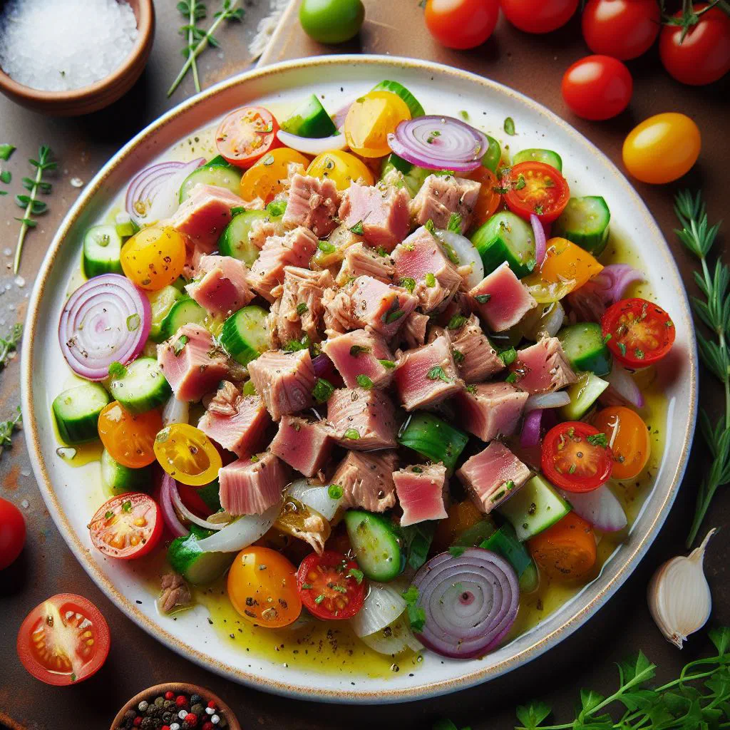 Angolan tuna salad with tomatoes, peppers, sliced egg and olives