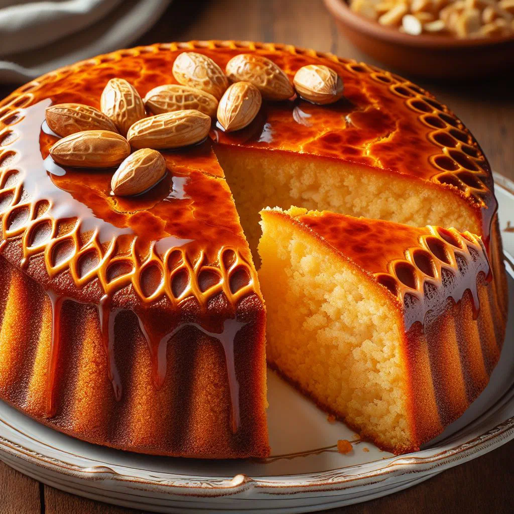 Golden baked Angolan peanut tart cut into slices on a plate