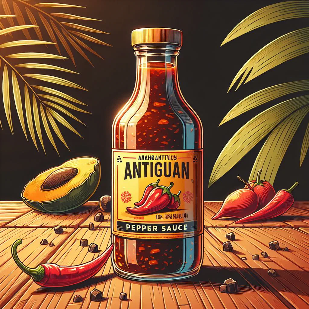 Bright orange Antiguan pepper sauce in a small glass bottle beside fresh habanero chillies