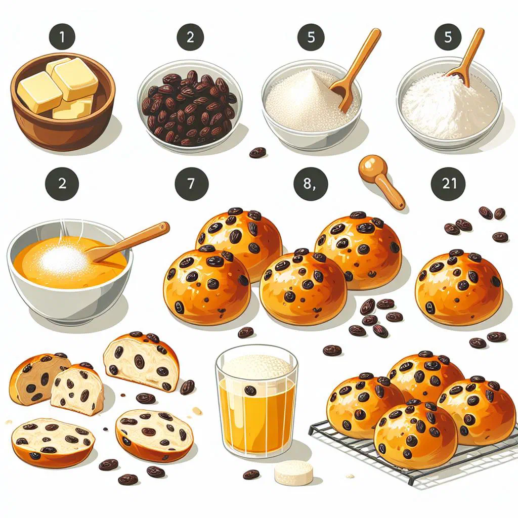 Golden Antiguan raisin buns cooling on a wooden board