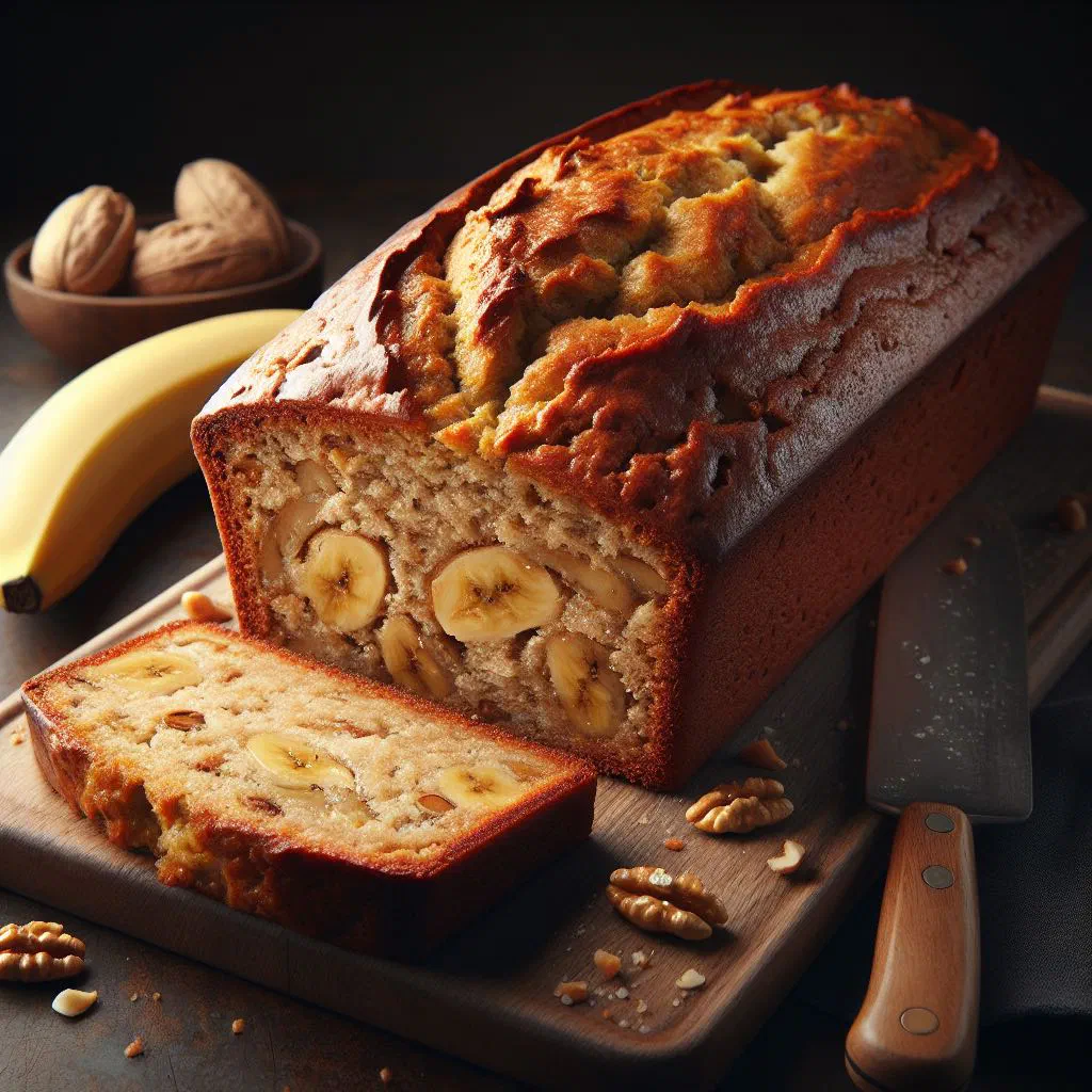 Sliced Caribbean banana bread on a wooden board