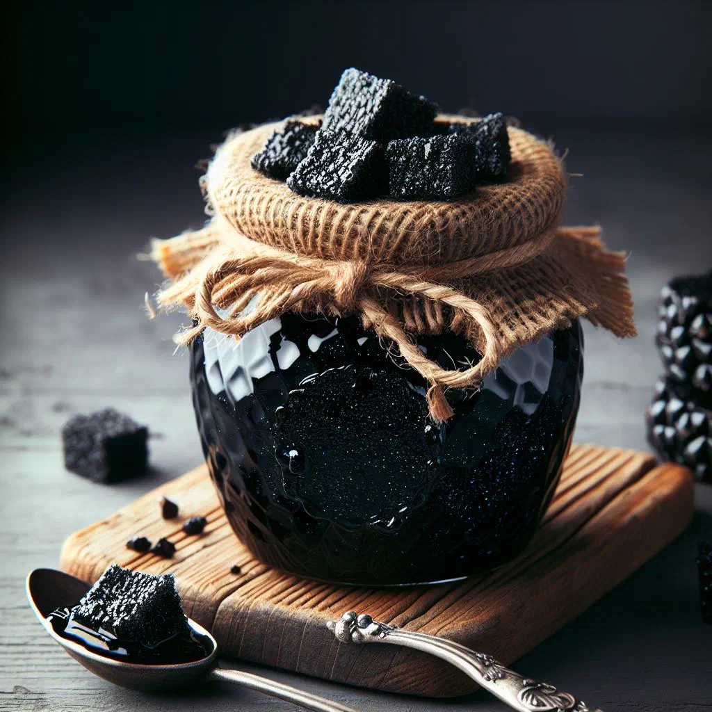 Jar of golden black pineapple jam with fresh pineapple slices