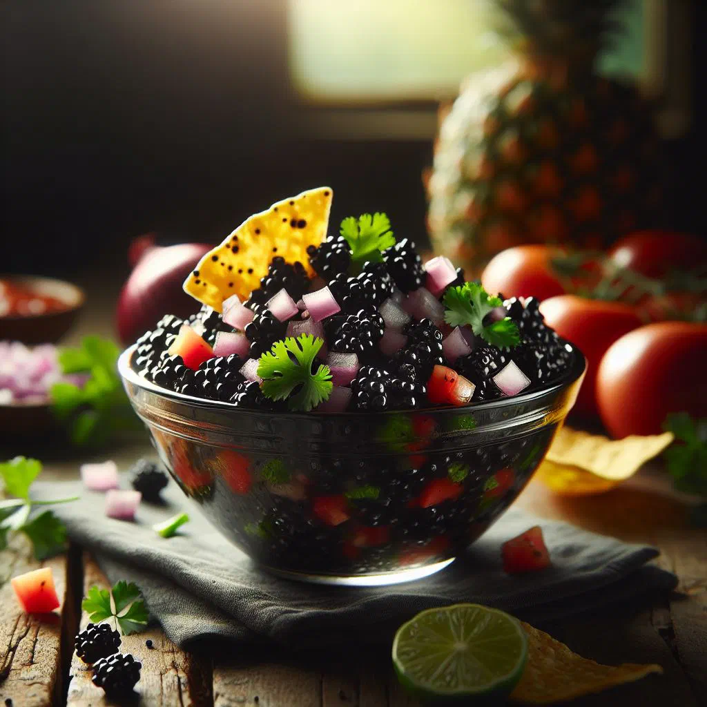 Bowl of black pineapple salsa with red onion, chilli and fresh herbs
