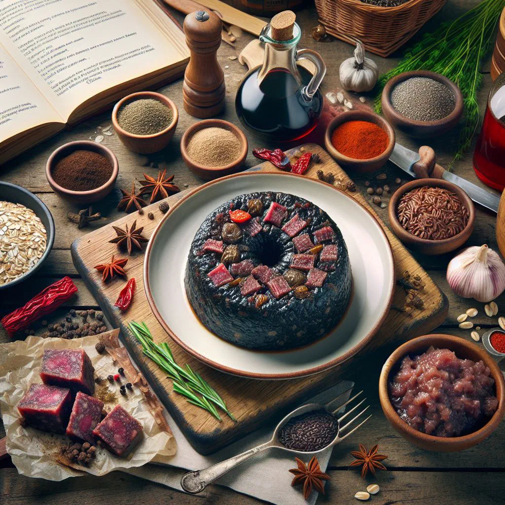 Sliced Caribbean black pudding served on a plate with fresh herbs